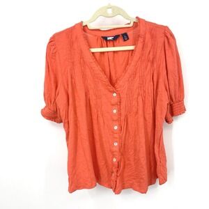 Lands End Women Size Large 14 16 Shirt Coral Orange Button Front Top Stretch